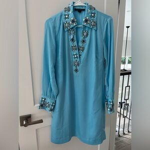 Boston Proper Blue Embellished Long-Sleeve Dress